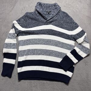 Express Mens XL Cotton Striped Shawl Collar Pullover Sweater Blue White